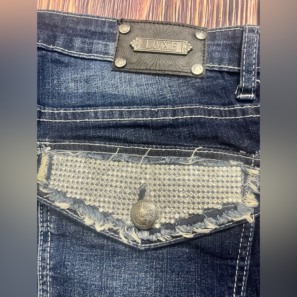 Tru‎ Luxe Womens Denim Jeans Size 6 Rhinestone Bling Flap Pockets Whisker Wash - Picture 4 of 6